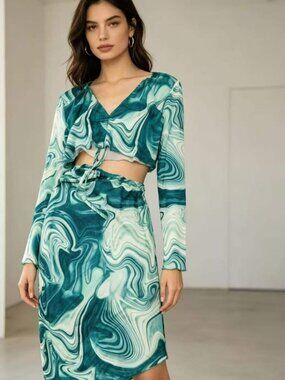 Green Marble Print Two Piece Set Crop Top & Skirt Y2K Sexy Bodycon Outfit